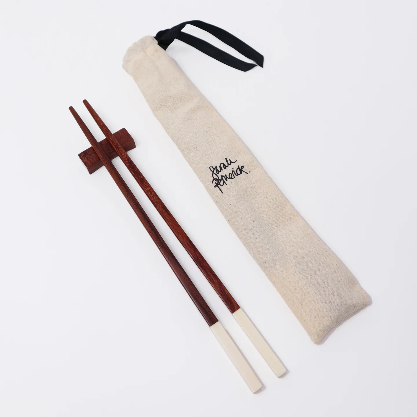 Sarah Petherick Red Wood Chopsticks & Rest / Set of 2 / White Bone - Image 2